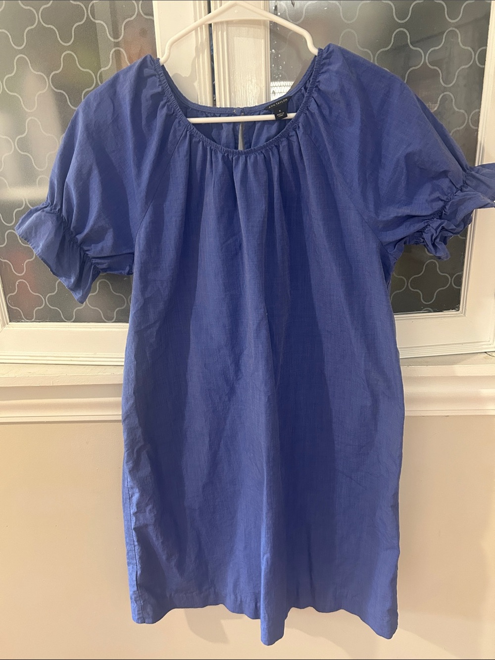 Ann Taylor Blue Short Sleeve Smocked Shoulder Dress
